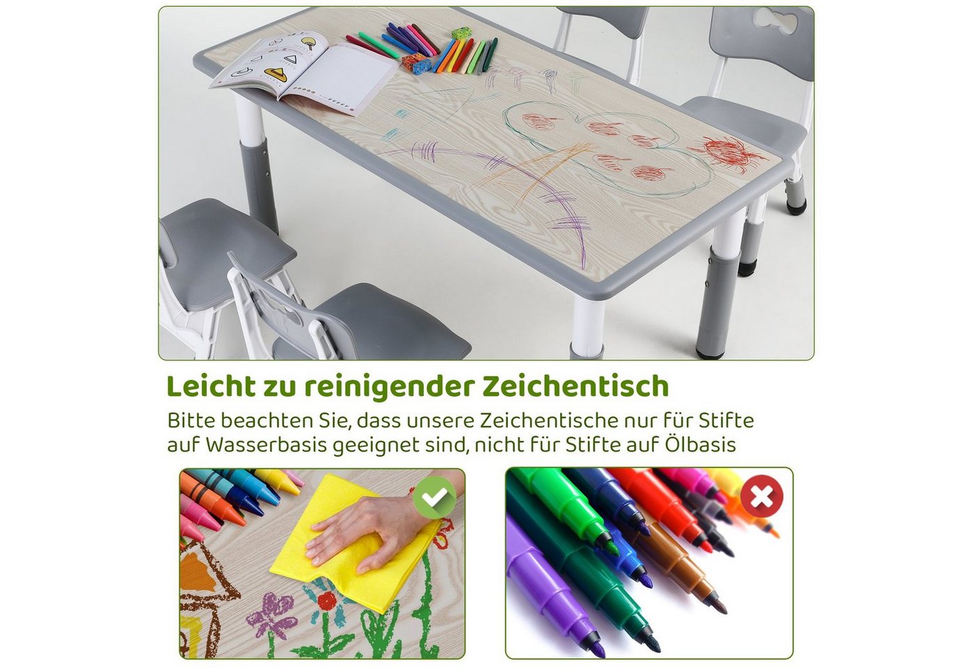 TLGREEN Kindersitzgruppe Kindertisch mit 4 Stühlen, (5-tlg), Kindermöbel, Quadratischen Tisch Höhenverstellbar Plastik – Bild 5 von 5