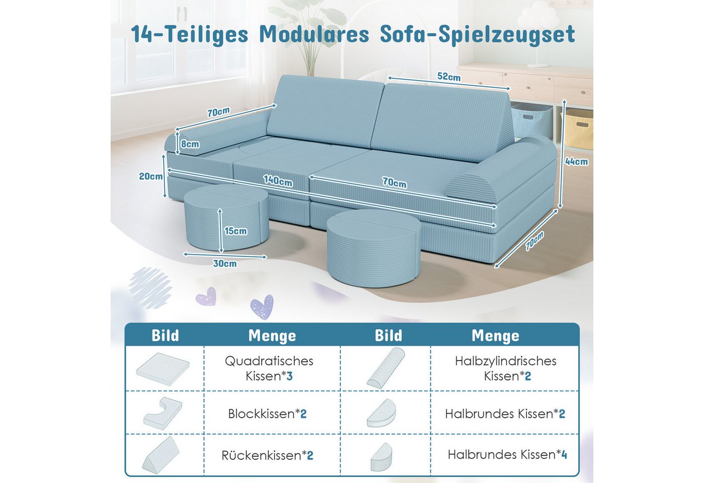 TLGREEN Kindersofa Spielsofa Cord, 15-Teiliges Modulare Kinderspielcouch, Kindersofa-Bausteine, Spielsofa für Kinder, kreatives Spielen für Kuschelecke im Kinde – Bild 2 von 5