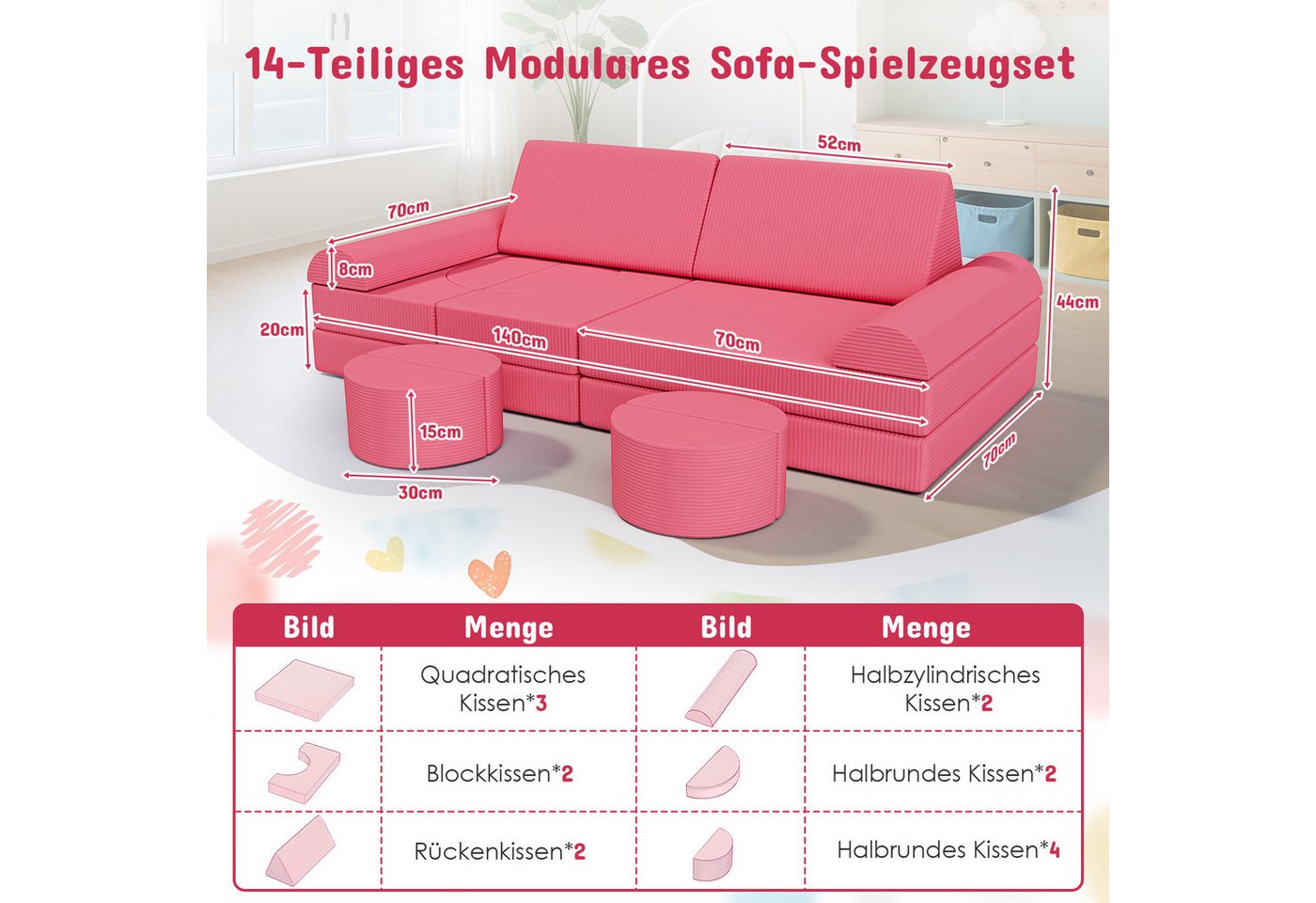 TLGREEN Kindersofa Spielsofa Cord, 15-Teiliges Modulare Kinderspielcouch, Kindersofa-Bausteine, Spielsofa für Kinder, kreatives Spielen für Kuschelecke im Kinde – Bild 2 von 5