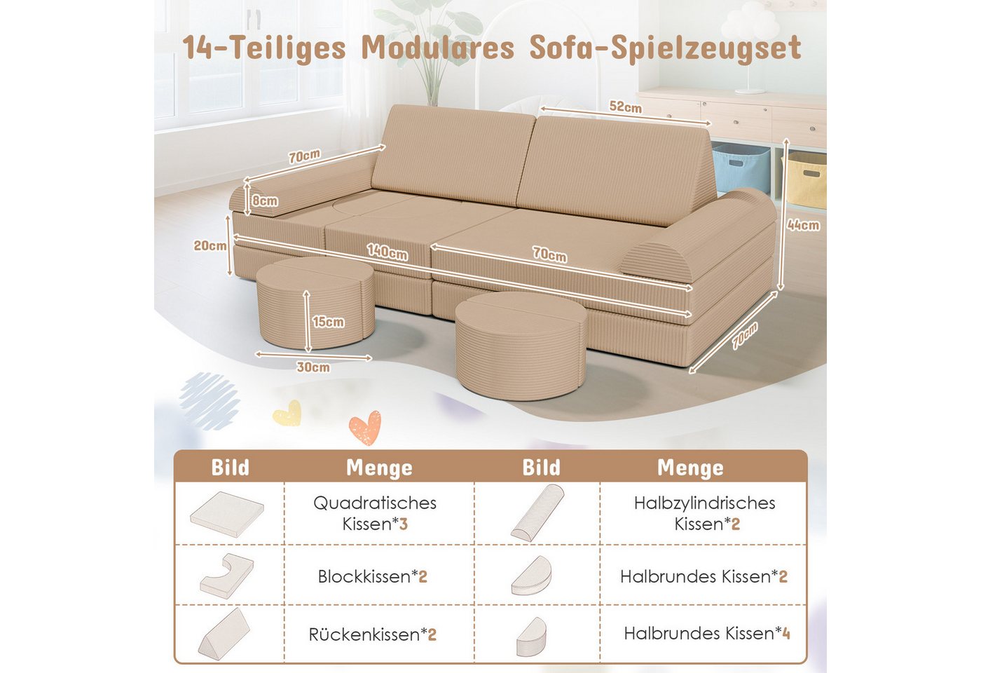 TLGREEN Kindersofa Spielsofa Cord, 15-Teiliges Modulare Kinderspielcouch, Kindersofa-Bausteine, Spielsofa für Kinder, kreatives Spielen für Kuschelecke im Kinde – Bild 2 von 5