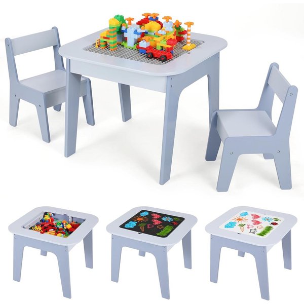 TLGREEN Kindertisch 4-in-1 Multifunktionstisch Set mit 2 Stühlen (Doppelseitenplatte (Maltisch/Bauplatte) und Stauraum, Kindermöbel für Kinderzimmer, Stauraum),