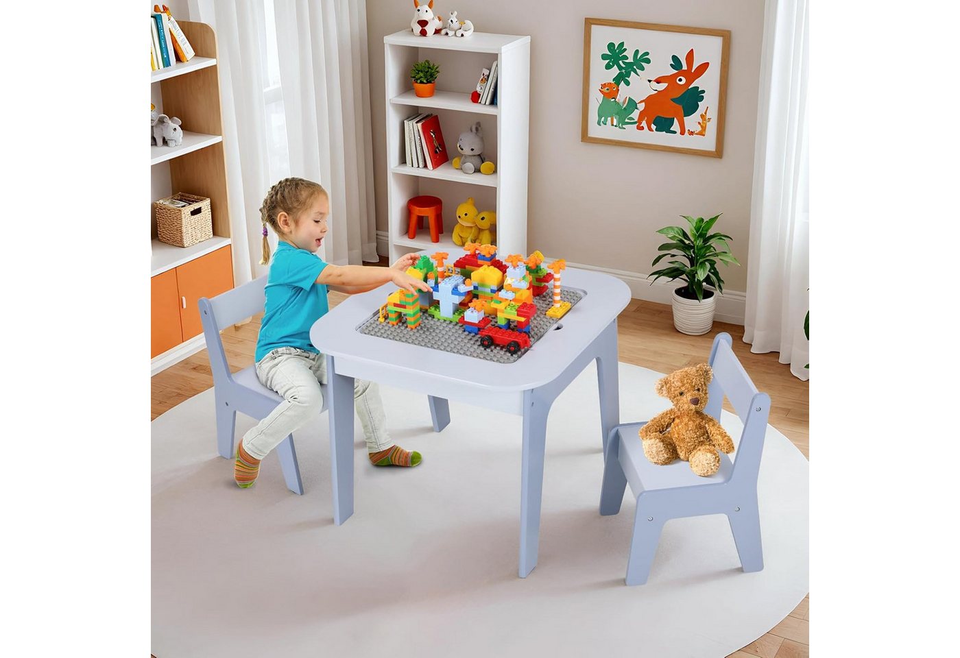 TLGREEN Kindertisch 4-in-1 Multifunktionstisch Set mit 2 Stühlen (Doppelseitenplatte (Maltisch/Bauplatte) und Stauraum, Kindermöbel für Kinderzimmer, Stauraum), – Bild 3 von 5