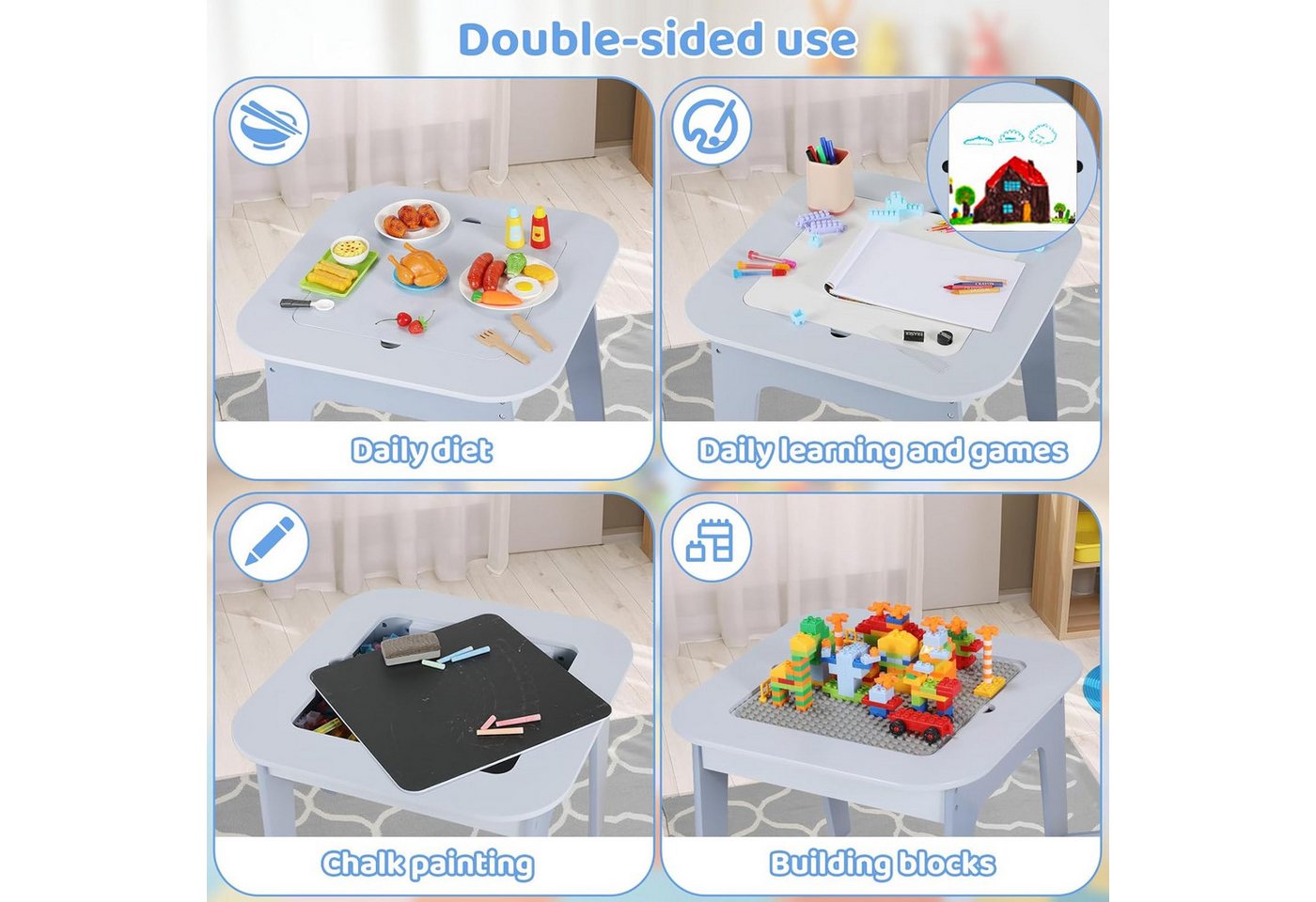 TLGREEN Kindertisch 4-in-1 Multifunktionstisch Set mit 2 Stühlen (Doppelseitenplatte (Maltisch/Bauplatte) und Stauraum, Kindermöbel für Kinderzimmer, Stauraum), – Bild 4 von 5