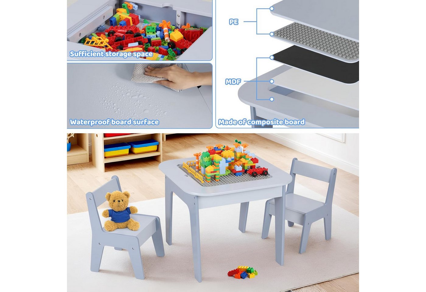 TLGREEN Kindertisch 4-in-1 Multifunktionstisch Set mit 2 Stühlen (Doppelseitenplatte (Maltisch/Bauplatte) und Stauraum, Kindermöbel für Kinderzimmer, Stauraum), – Bild 5 von 5