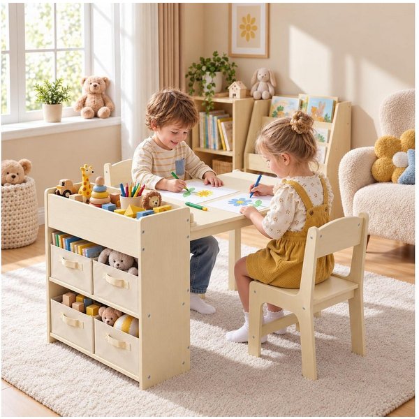 TLGREEN Kindertisch Kindermaltisch mit 2 Stühlen (Maltisch Schreibtisch mit Papierrolle und 4 Aufbewahrungskiste, Zeichentisch 100kg Belastbarkeit für Malen/Ler