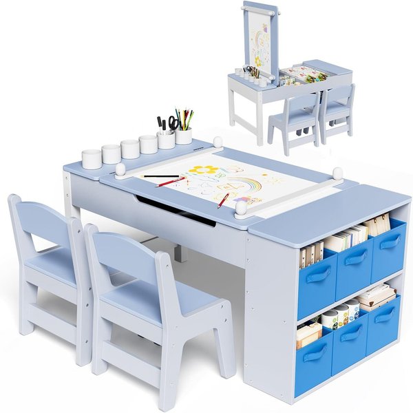TLGREEN Kindertisch mit 2 Satz Stühlen, Kinder Tisch Stuhl Set Holz (Kindermaltisch mit Papierrolle und Stauraum, Mal und Basteltisch), Wasserdichtes Kindertisc