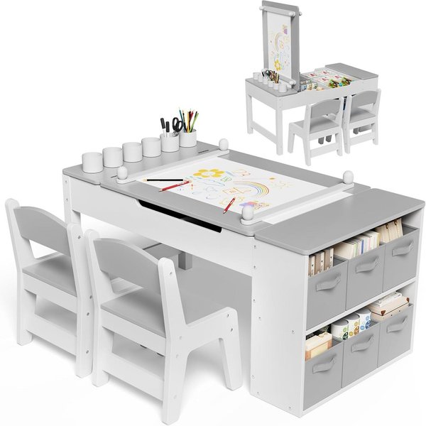TLGREEN Kindertisch mit 2 Satz Stühlen, Kinder Tisch Stuhl Set Holz (Kindermaltisch mit Papierrolle und Stauraum, Mal und Basteltisch), Wasserdichtes Kindertisc