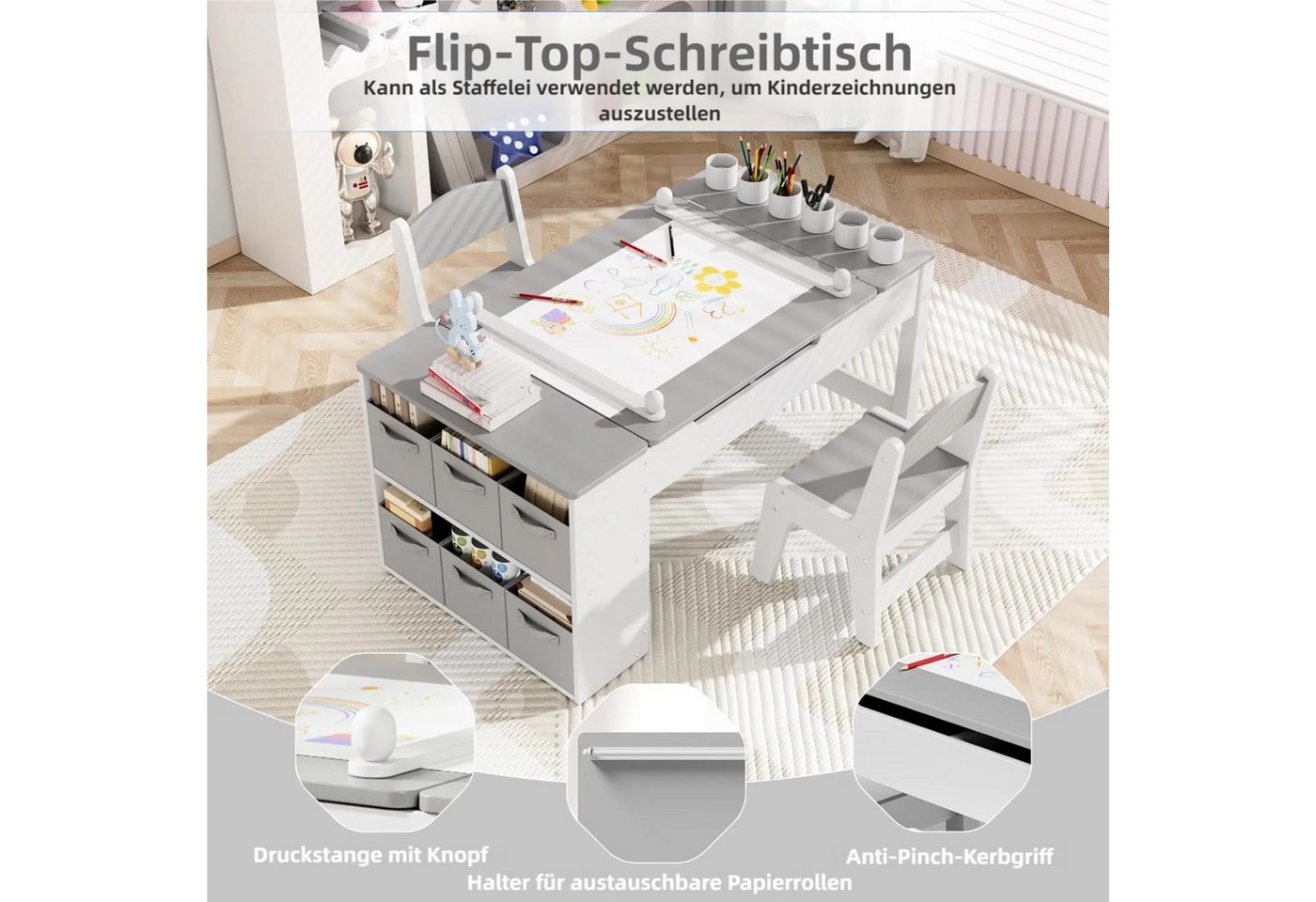 TLGREEN Kindertisch mit 2 Satz Stühlen, Kinder Tisch Stuhl Set Holz (Kindermaltisch mit Papierrolle und Stauraum, Mal und Basteltisch), Wasserdichtes Kindertisc – Bild 2 von 5
