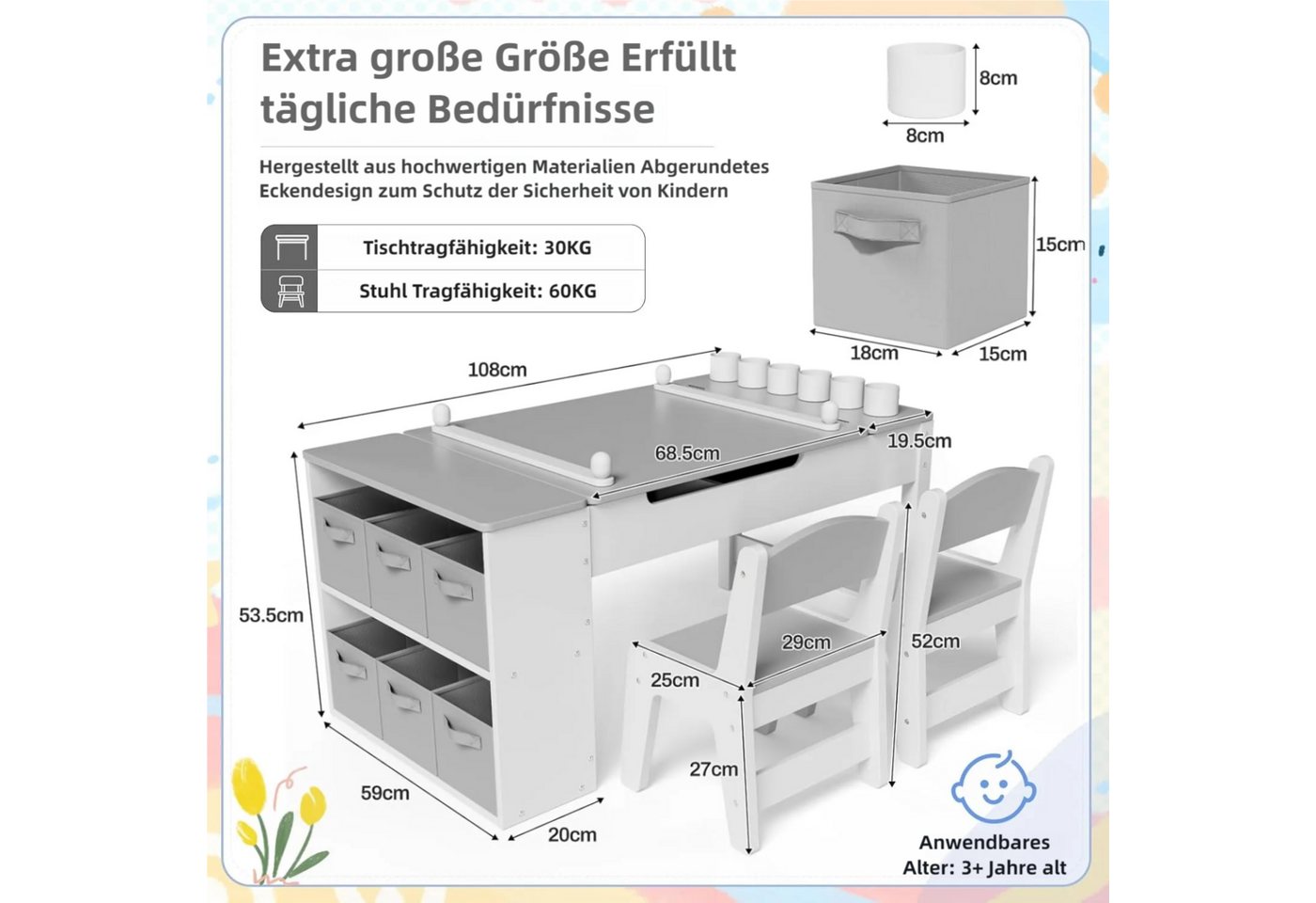 TLGREEN Kindertisch mit 2 Satz Stühlen, Kinder Tisch Stuhl Set Holz (Kindermaltisch mit Papierrolle und Stauraum, Mal und Basteltisch), Wasserdichtes Kindertisc – Bild 3 von 5