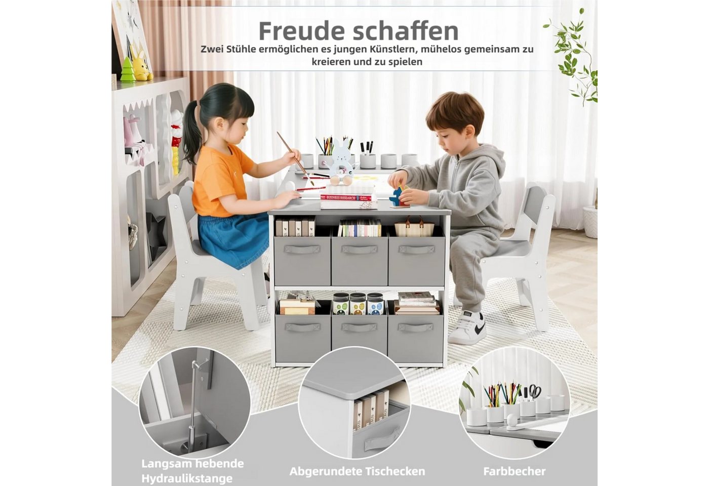 TLGREEN Kindertisch mit 2 Satz Stühlen, Kinder Tisch Stuhl Set Holz (Kindermaltisch mit Papierrolle und Stauraum, Mal und Basteltisch), Wasserdichtes Kindertisc – Bild 4 von 5