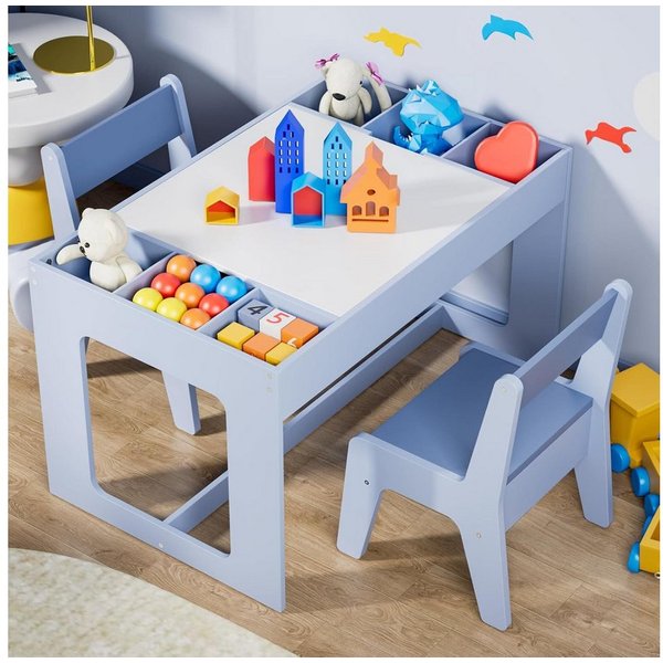 TLGREEN Kindertisch mit 2 Stühlen, Kindersitzgruppe (Kinder Tisch Stuhl Set mit wendbarer Tischplatte, 80 x 48 x 48 cm), Kinderschreibtisch für Schule, Kinderta