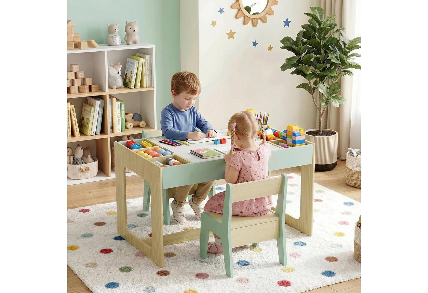 TLGREEN Kindertisch mit 2 Stühlen, Kindersitzgruppe (Kinder Tisch Stuhl Set mit wendbarer Tischplatte, 80 x 48 x 48 cm), Kinderschreibtisch für Schule, Kinderta – Bild 2 von 5