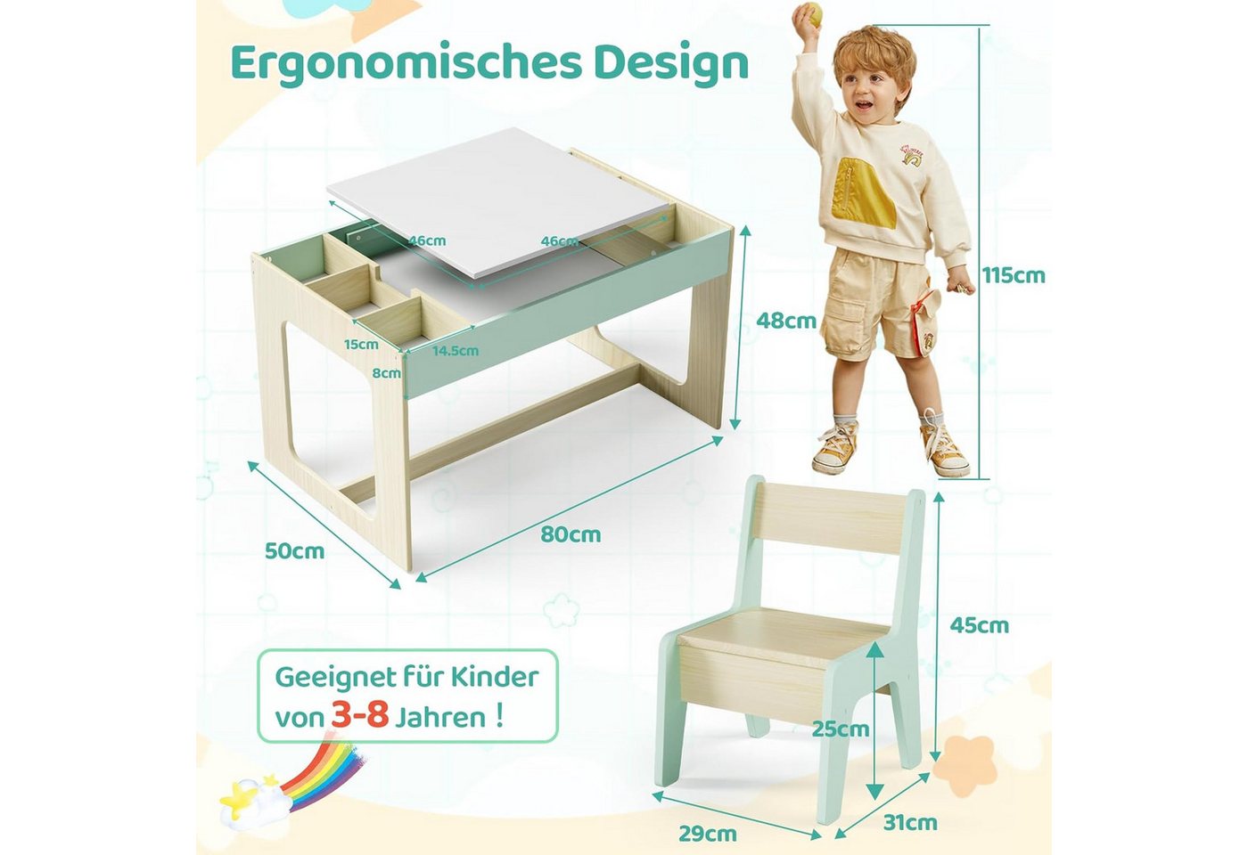TLGREEN Kindertisch mit 2 Stühlen, Kindersitzgruppe (Kinder Tisch Stuhl Set mit wendbarer Tischplatte, 80 x 48 x 48 cm), Kinderschreibtisch für Schule, Kinderta – Bild 3 von 5