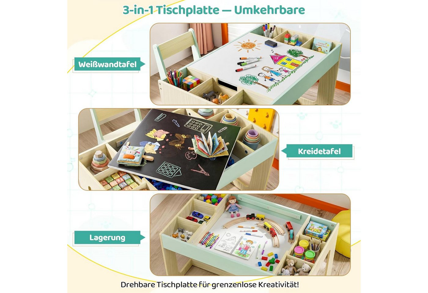 TLGREEN Kindertisch mit 2 Stühlen, Kindersitzgruppe (Kinder Tisch Stuhl Set mit wendbarer Tischplatte, 80 x 48 x 48 cm), Kinderschreibtisch für Schule, Kinderta – Bild 4 von 5