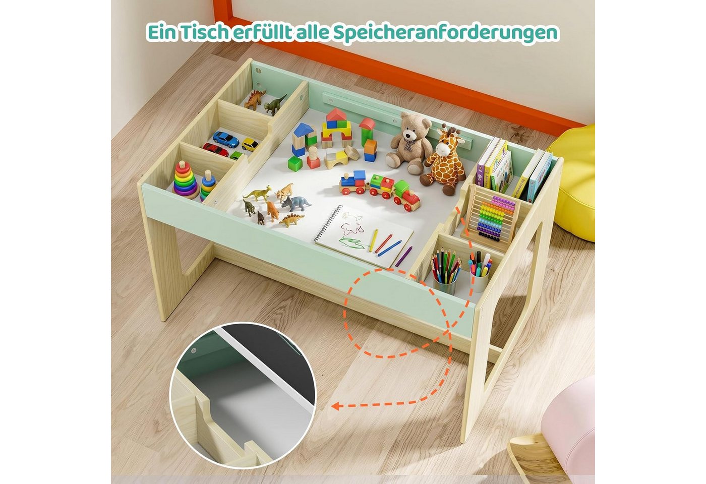 TLGREEN Kindertisch mit 2 Stühlen, Kindersitzgruppe (Kinder Tisch Stuhl Set mit wendbarer Tischplatte, 80 x 48 x 48 cm), Kinderschreibtisch für Schule, Kinderta – Bild 5 von 5