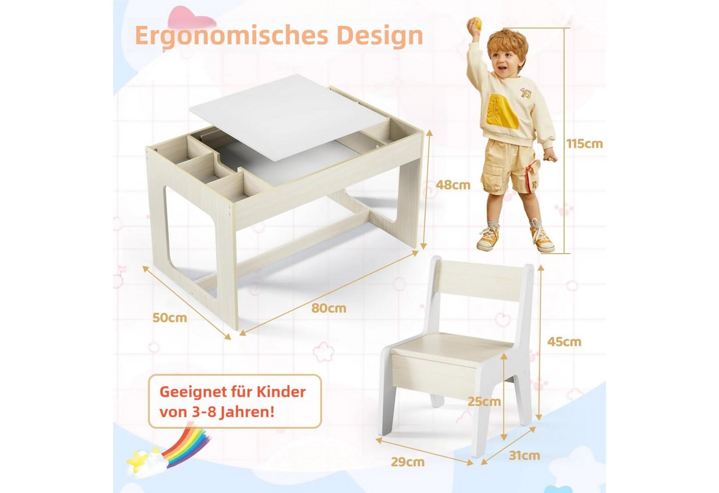 TLGREEN Kindertisch mit 2 Stühlen, Kindersitzgruppe (Kinder Tisch Stuhl Set mit wendbarer Tischplatte, 80 x 48 x 48 cm), Kinderschreibtisch für Schule, Kinderta – Bild 2 von 5
