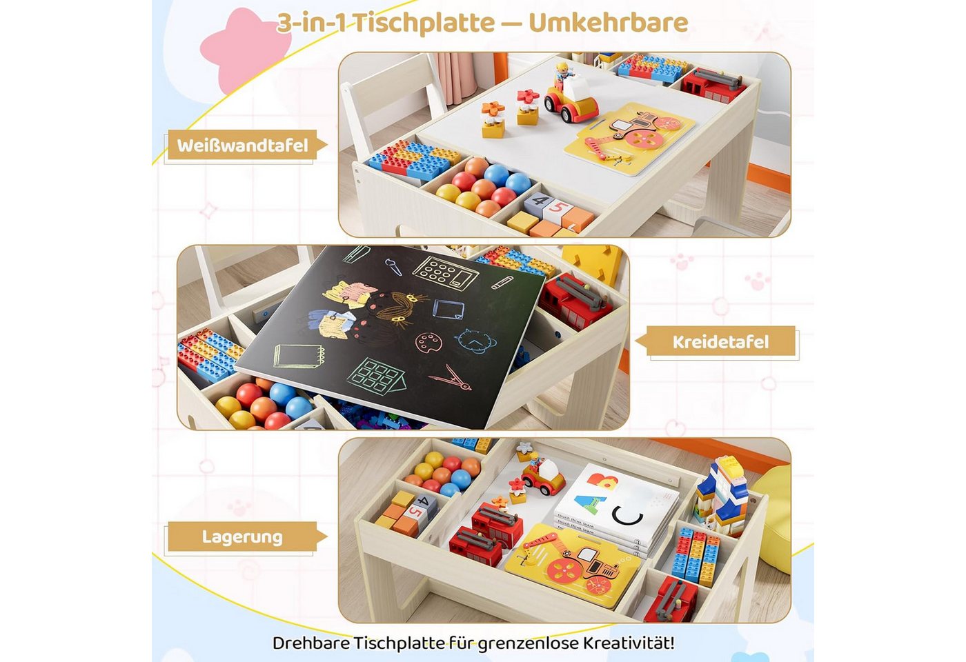 TLGREEN Kindertisch mit 2 Stühlen, Kindersitzgruppe (Kinder Tisch Stuhl Set mit wendbarer Tischplatte, 80 x 48 x 48 cm), Kinderschreibtisch für Schule, Kinderta – Bild 3 von 5