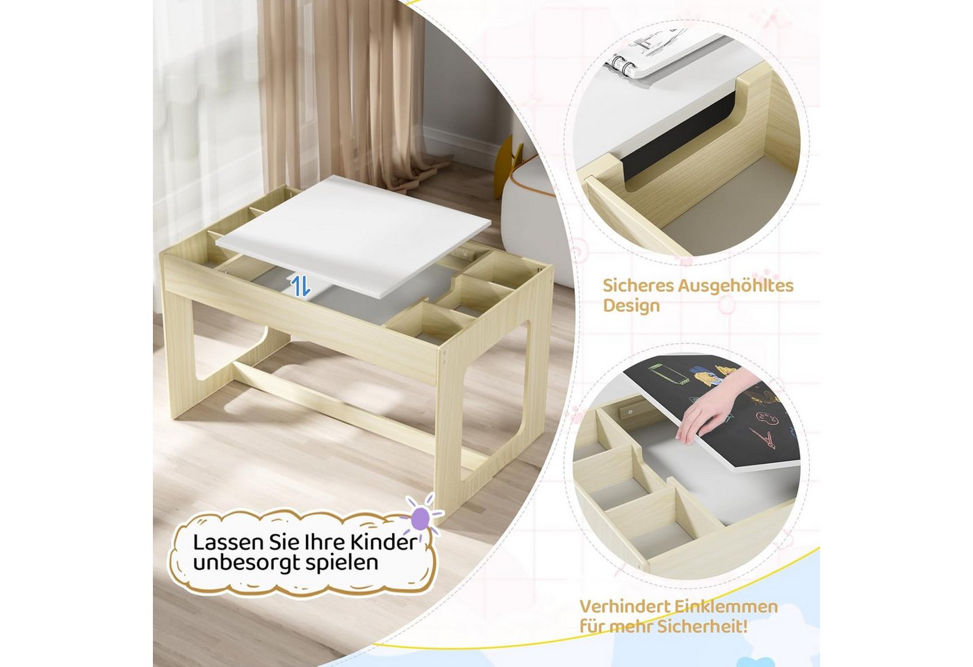 TLGREEN Kindertisch mit 2 Stühlen, Kindersitzgruppe (Kinder Tisch Stuhl Set mit wendbarer Tischplatte, 80 x 48 x 48 cm), Kinderschreibtisch für Schule, Kinderta – Bild 5 von 5