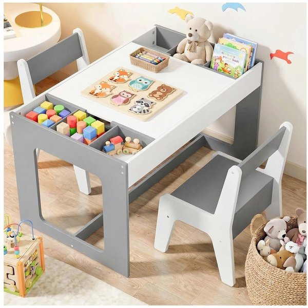 TLGREEN Kindertisch mit 2 Stühlen, Kindersitzgruppe (Kinder Tisch Stuhl Set mit wendbarer Tischplatte, 80 x 48 x 48 cm), Kinderschreibtisch für Schule, Kinderta