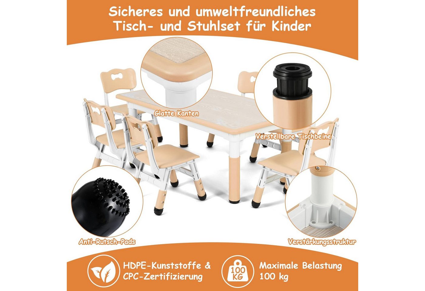 TLGREEN Kindertisch mit 6 Stühlen, Kindertischgruppe Höhenverstellbar, Kinder Tisch Stuhl Set – Bild 3 von 5