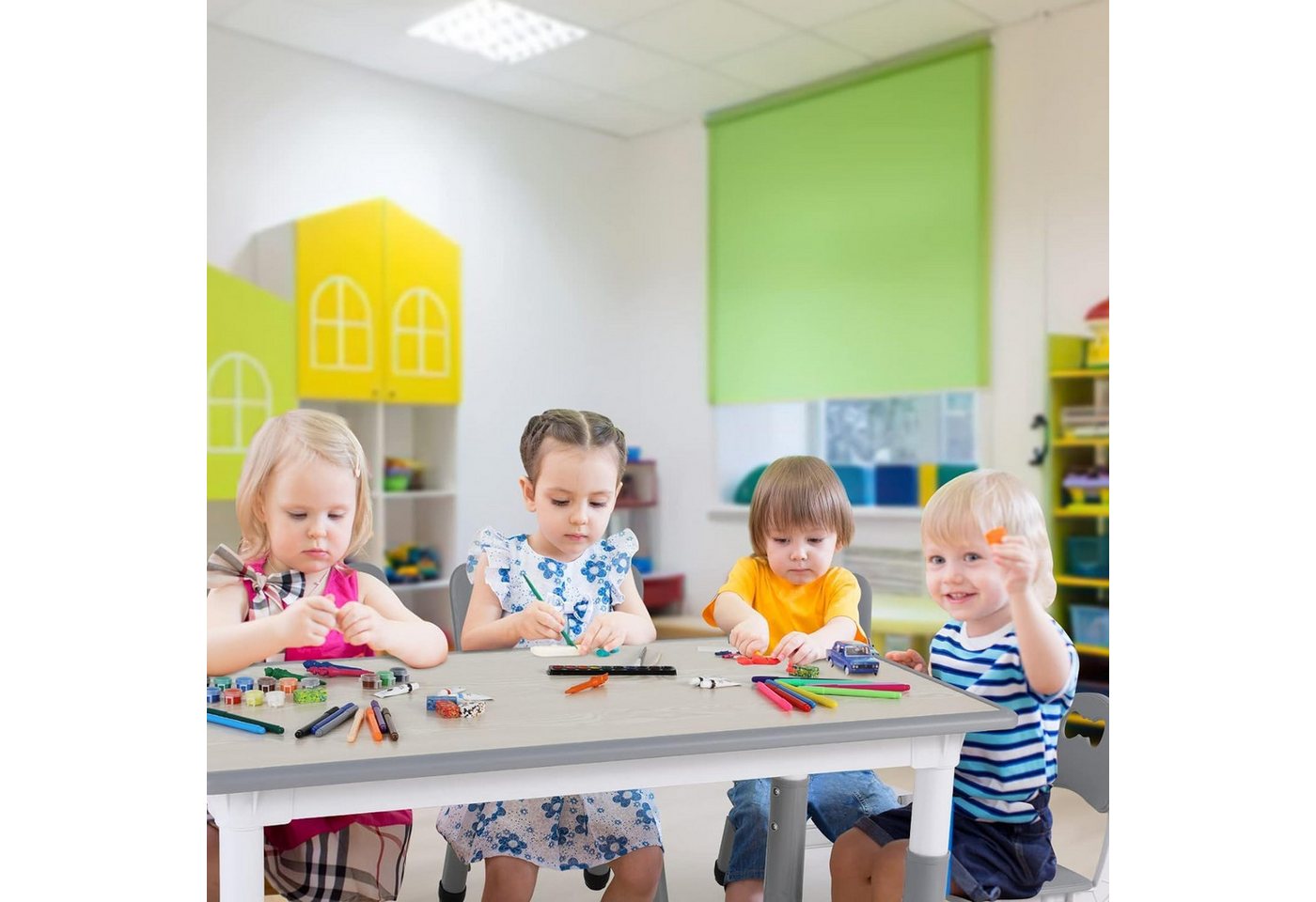 TLGREEN Kindertisch mit 6 Stühlen, Kindertischgruppe Höhenverstellbar, Kinder Tisch Stuhl Set – Bild 3 von 5