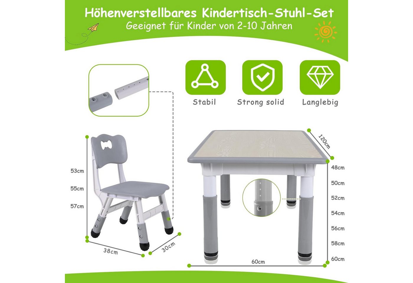 TLGREEN Kindertisch mit 6 Stühlen, Kindertischgruppe Höhenverstellbar, Kinder Tisch Stuhl Set – Bild 4 von 5