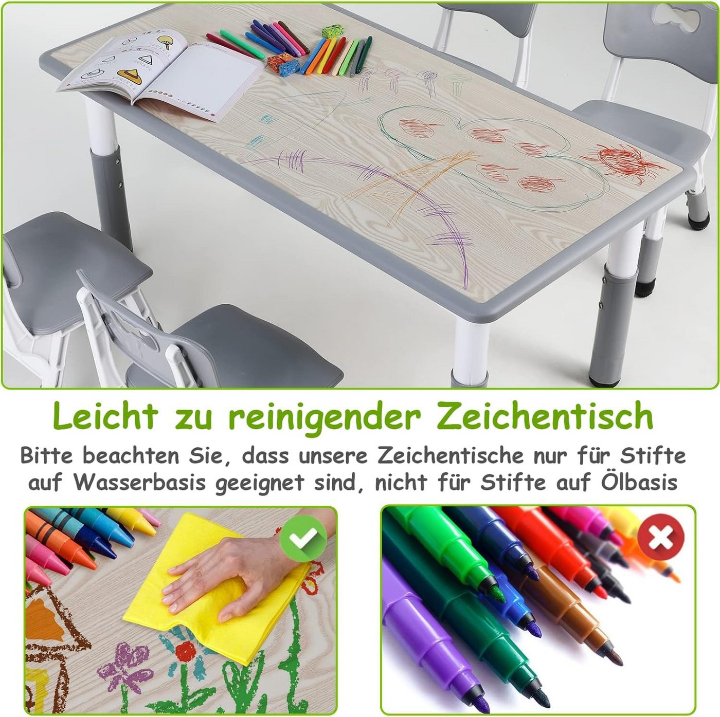TLGREEN Kindertisch mit 6 Stühlen, Kindertischgruppe Höhenverstellbar, Kinder Tisch Stuhl Set – Bild 5 von 5