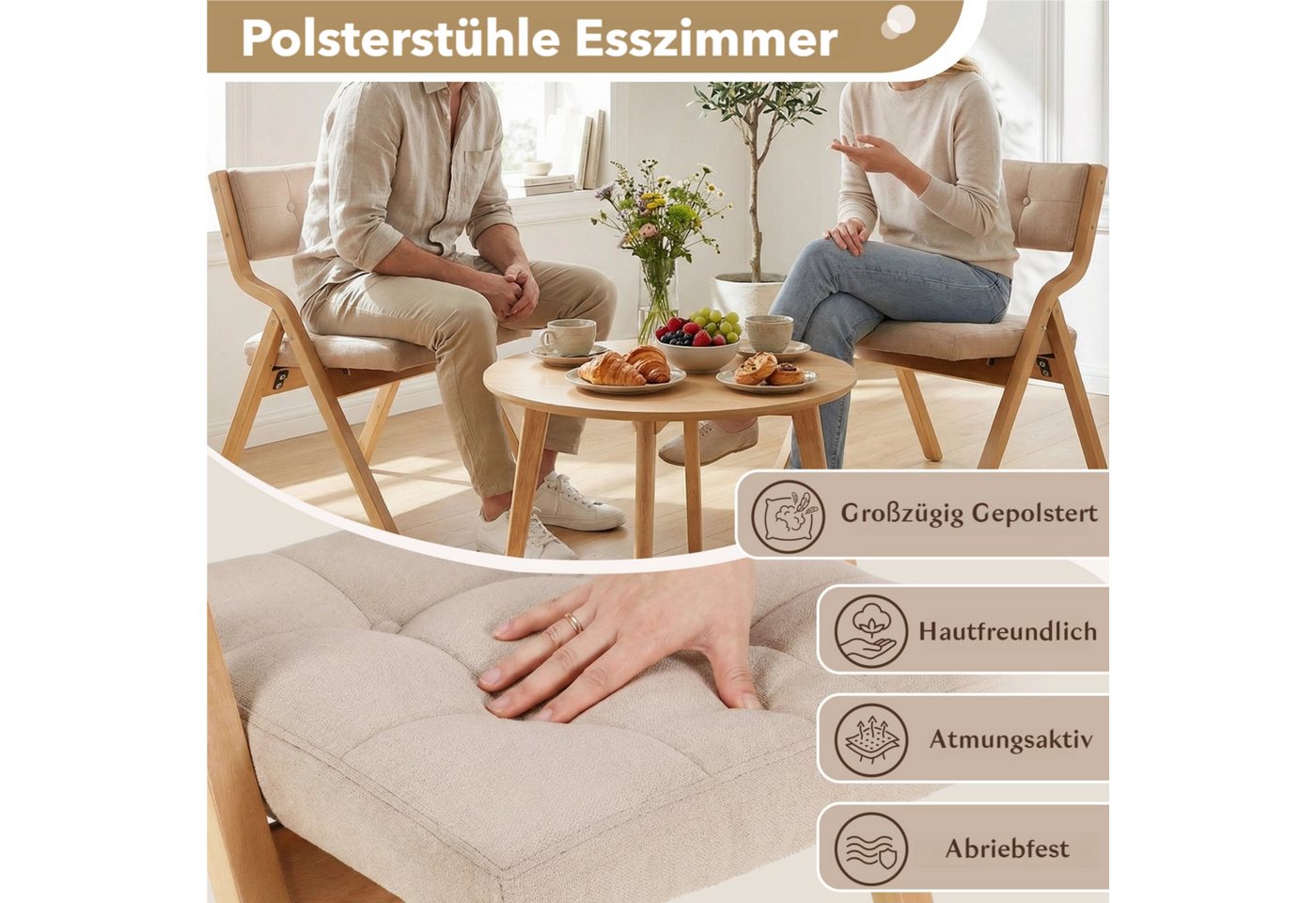 TLGREEN Klappstuhl,Küchenstuhl mit gepolstertem Sitz, (4 St), ergonomisch, platzsparend, rutschfest & stabil – Bild 3 von 5
