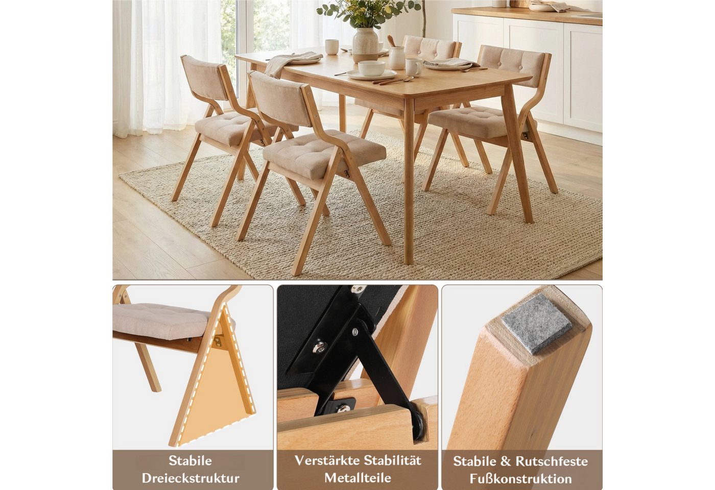 TLGREEN Klappstuhl,Küchenstuhl mit gepolstertem Sitz, (4 St), ergonomisch, platzsparend, rutschfest & stabil – Bild 4 von 5