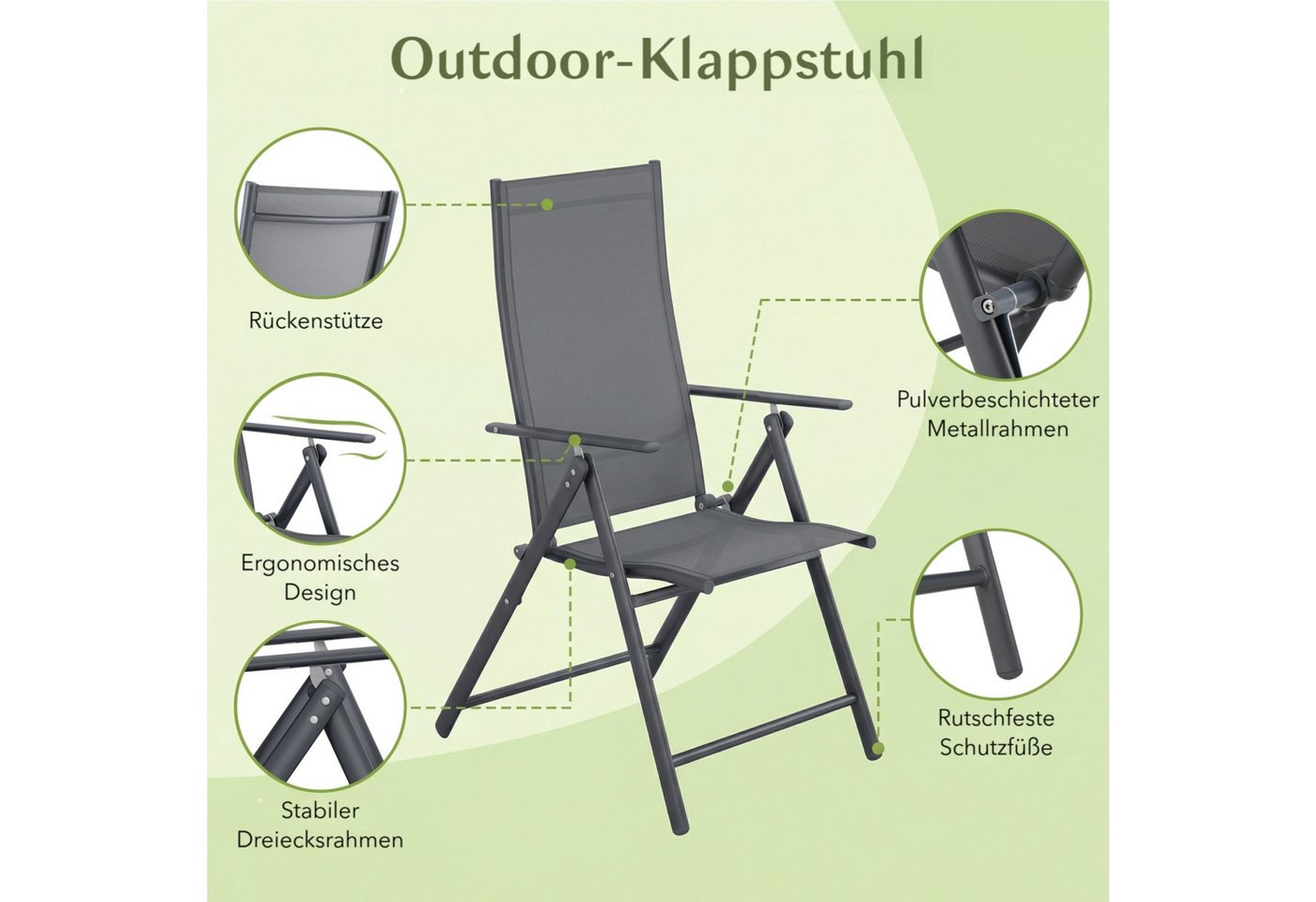 TLGREEN Klappstuhl 2-er Set Gartenstuhl,Klappbarer aus Texteline-Gewebe, (7-Fach Verstellbare Rückenlehne,Bis 120kg Belastbar, 2 St), für Garten, Terrasse, Balk – Bild 2 von 5