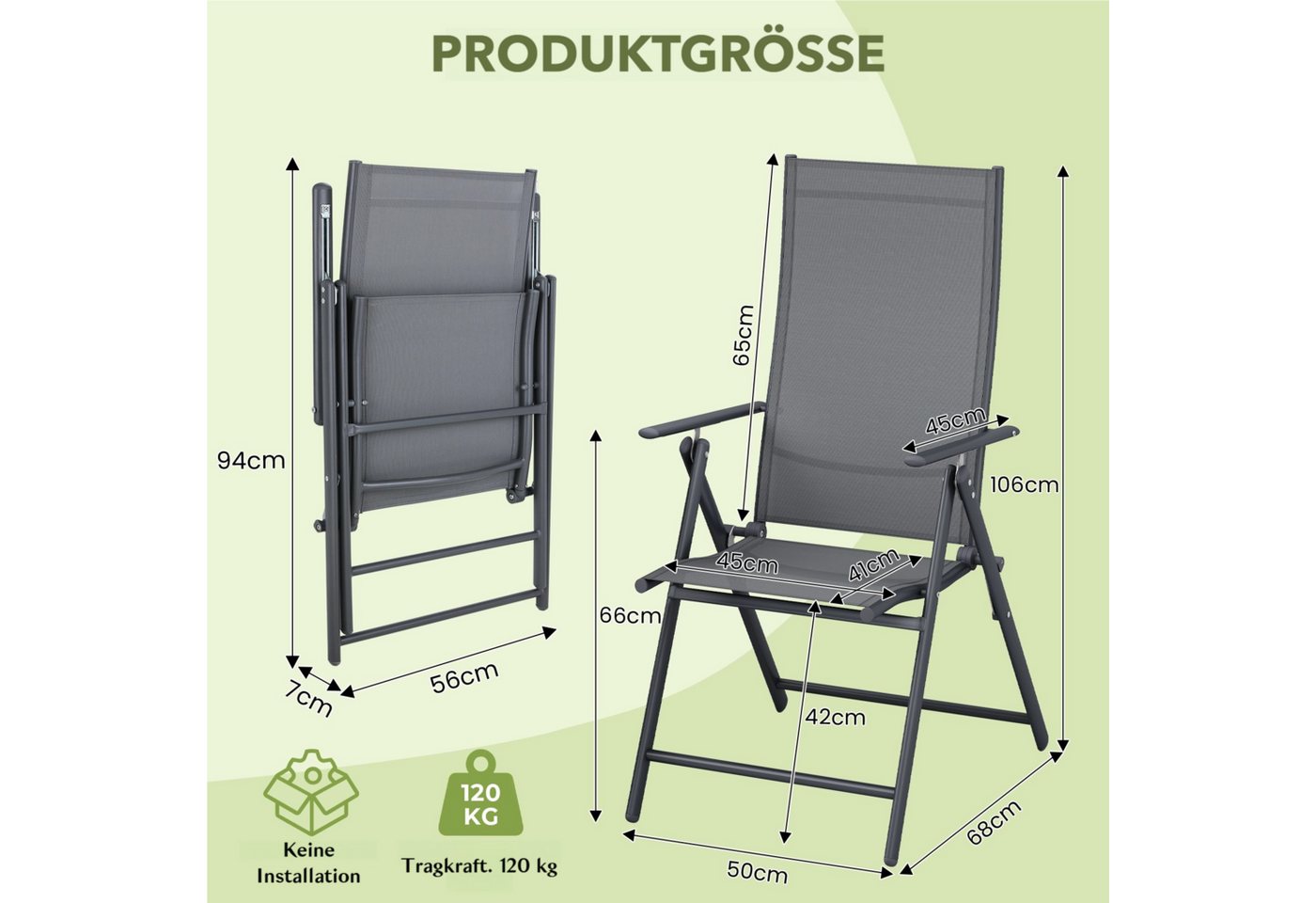 TLGREEN Klappstuhl 2-er Set Gartenstuhl,Klappbarer aus Texteline-Gewebe, (7-Fach Verstellbare Rückenlehne,Bis 120kg Belastbar, 2 St), für Garten, Terrasse, Balk – Bild 3 von 5