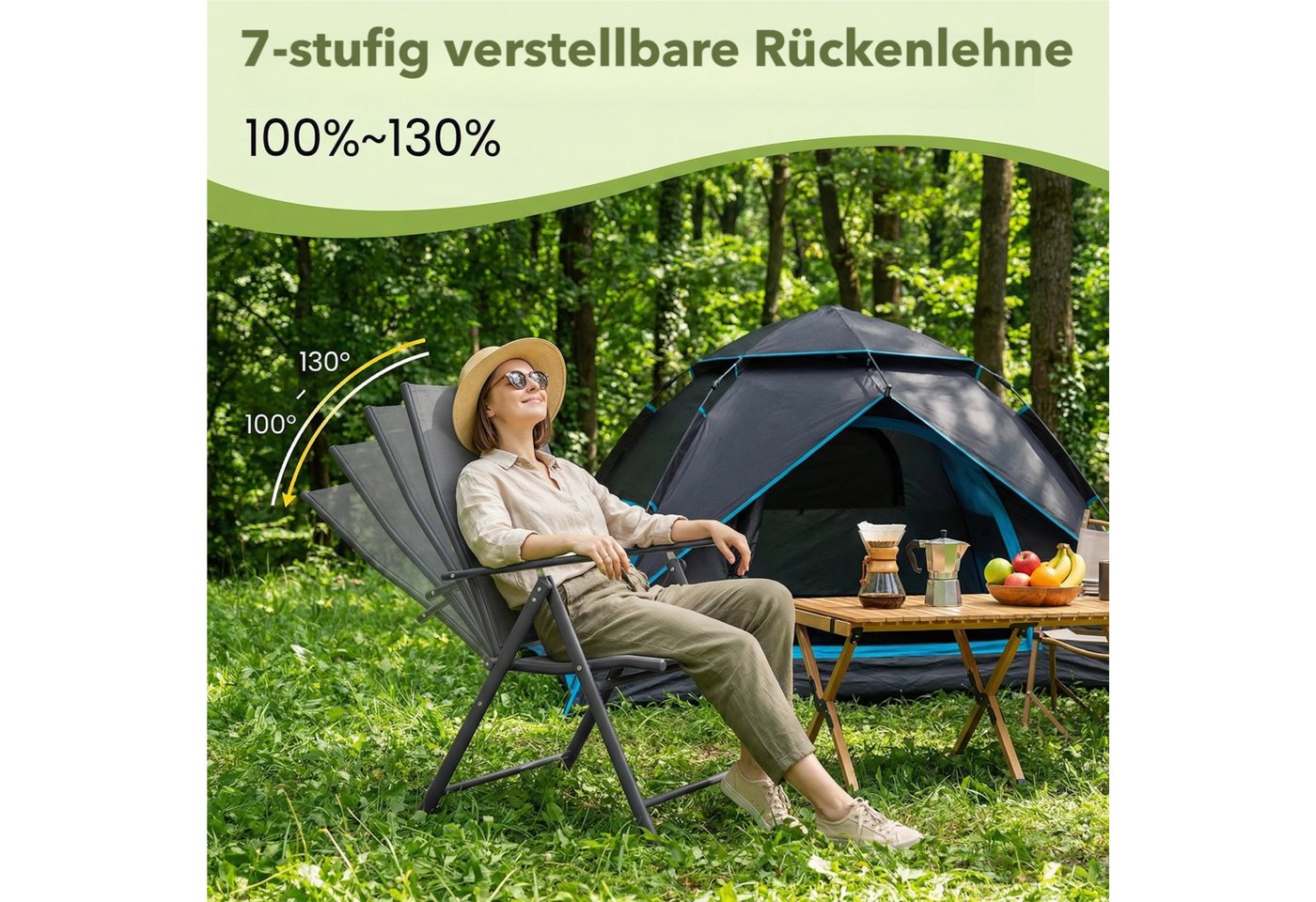 TLGREEN Klappstuhl 2-er Set Gartenstuhl,Klappbarer aus Texteline-Gewebe, (7-Fach Verstellbare Rückenlehne,Bis 120kg Belastbar, 2 St), für Garten, Terrasse, Balk – Bild 5 von 5