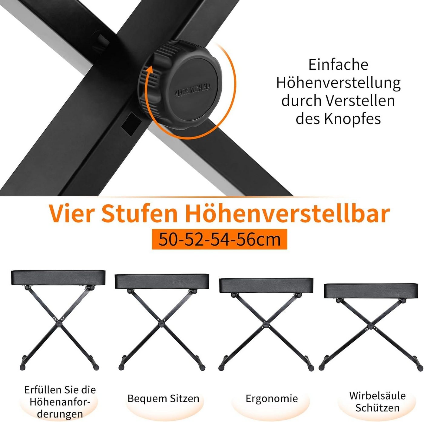 TLGREEN Klavierbank, Klavierhocker mit 8CM PU Kissen (Keyboardhocker, Klavierstuhl Hocker für Piano Keyboard), Höhenverstellbarer, X-förmiger Keyboard Hocker,Kl – Bild 3 von 5