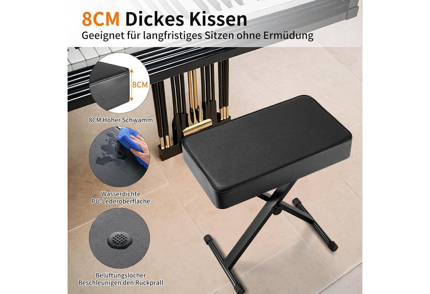 TLGREEN Klavierbank, Klavierhocker mit 8CM PU Kissen (Keyboardhocker, Klavierstuhl Hocker für Piano Keyboard), Höhenverstellbarer, X-förmiger Keyboard Hocker,Kl – Bild 4 von 5