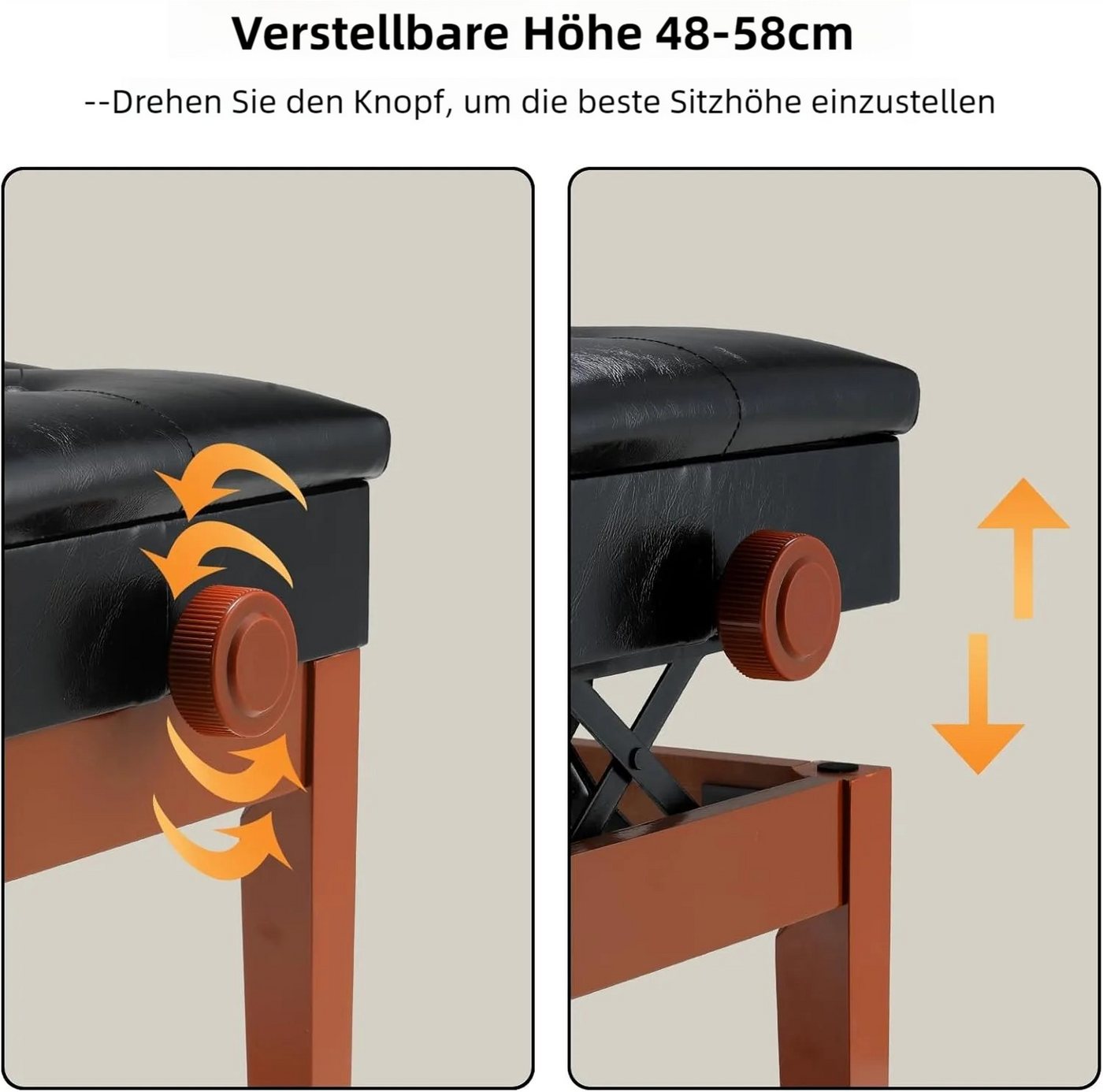 TLGREEN Klavierbank,Klavierhocker Höhenverstellbar 48-58CM (Keyboardbank Klavierstuhl), Pianobank mit Stauraum, PU Lederkissen,bis 150KG Belastbar – Bild 3 von 5