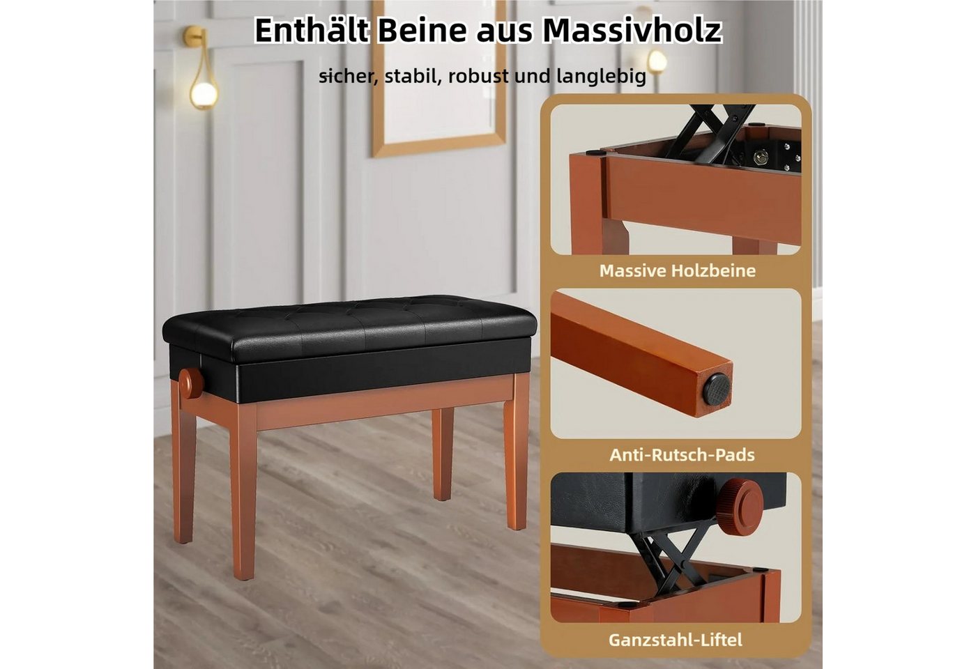 TLGREEN Klavierbank,Klavierhocker Höhenverstellbar 48-58CM (Keyboardbank Klavierstuhl), Pianobank mit Stauraum, PU Lederkissen,bis 150KG Belastbar – Bild 4 von 5
