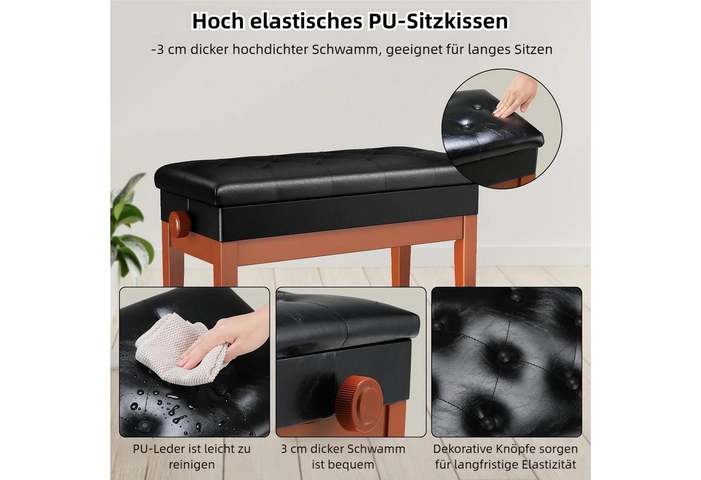 TLGREEN Klavierbank,Klavierhocker Höhenverstellbar 48-58CM (Keyboardbank Klavierstuhl), Pianobank mit Stauraum, PU Lederkissen,bis 150KG Belastbar – Bild 5 von 5