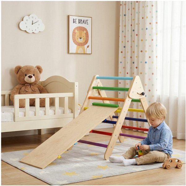 TLGREEN Klettergerüst Indoor Klappbar, 2 in 1 Kletterdreieck mit Rutsche, (Holz Montessori Motorik Spielzeug, 2-St., Ideal für Anfänger, kleine Wohnungen und de