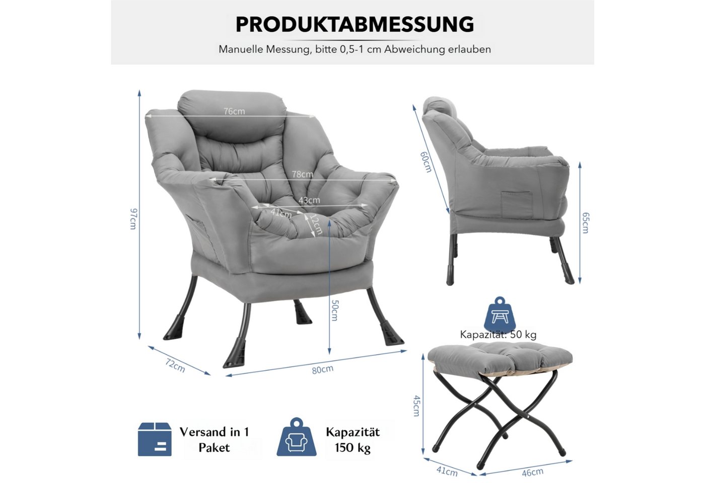 TLGREEN Loungesessel mit klappbarem Fußhocker, ergonomisch Relaxsessel, (Großliegestuhl mit rutschfesten Füßen, Seitentasche und 150 kg Tragkraft, leicht zu rei – Bild 3 von 5