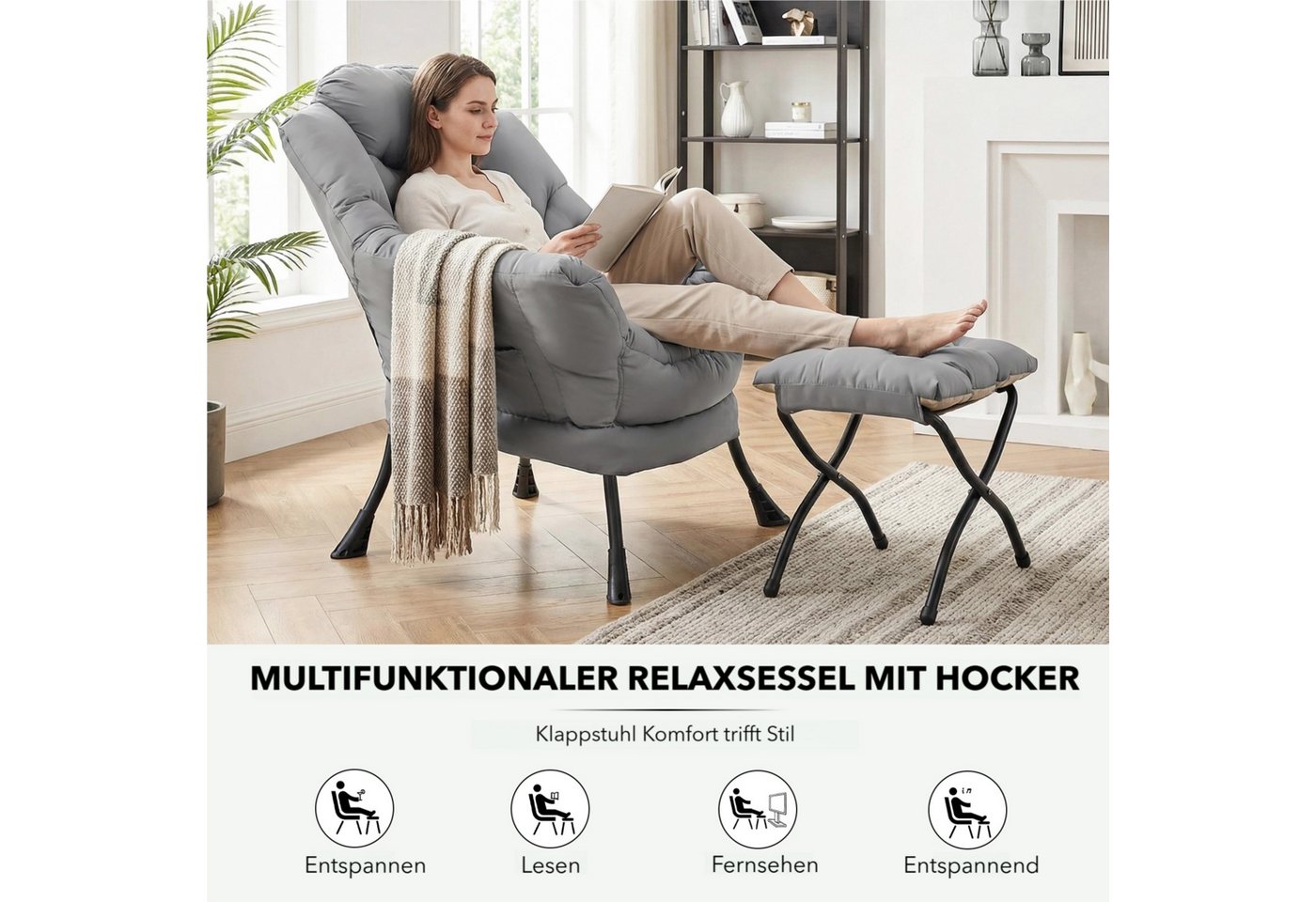 TLGREEN Loungesessel mit klappbarem Fußhocker, ergonomisch Relaxsessel, (Großliegestuhl mit rutschfesten Füßen, Seitentasche und 150 kg Tragkraft, leicht zu rei – Bild 5 von 5