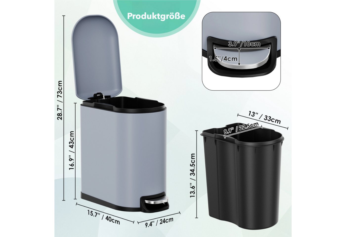 TLGREEN Mülleimer 20L Treteimer aus Edelstahl mit Soft-Close-Deckel, herausnehmbarem Inneneimer und Fußpedal, für Küche, Bad und Büro – Bild 2 von 5