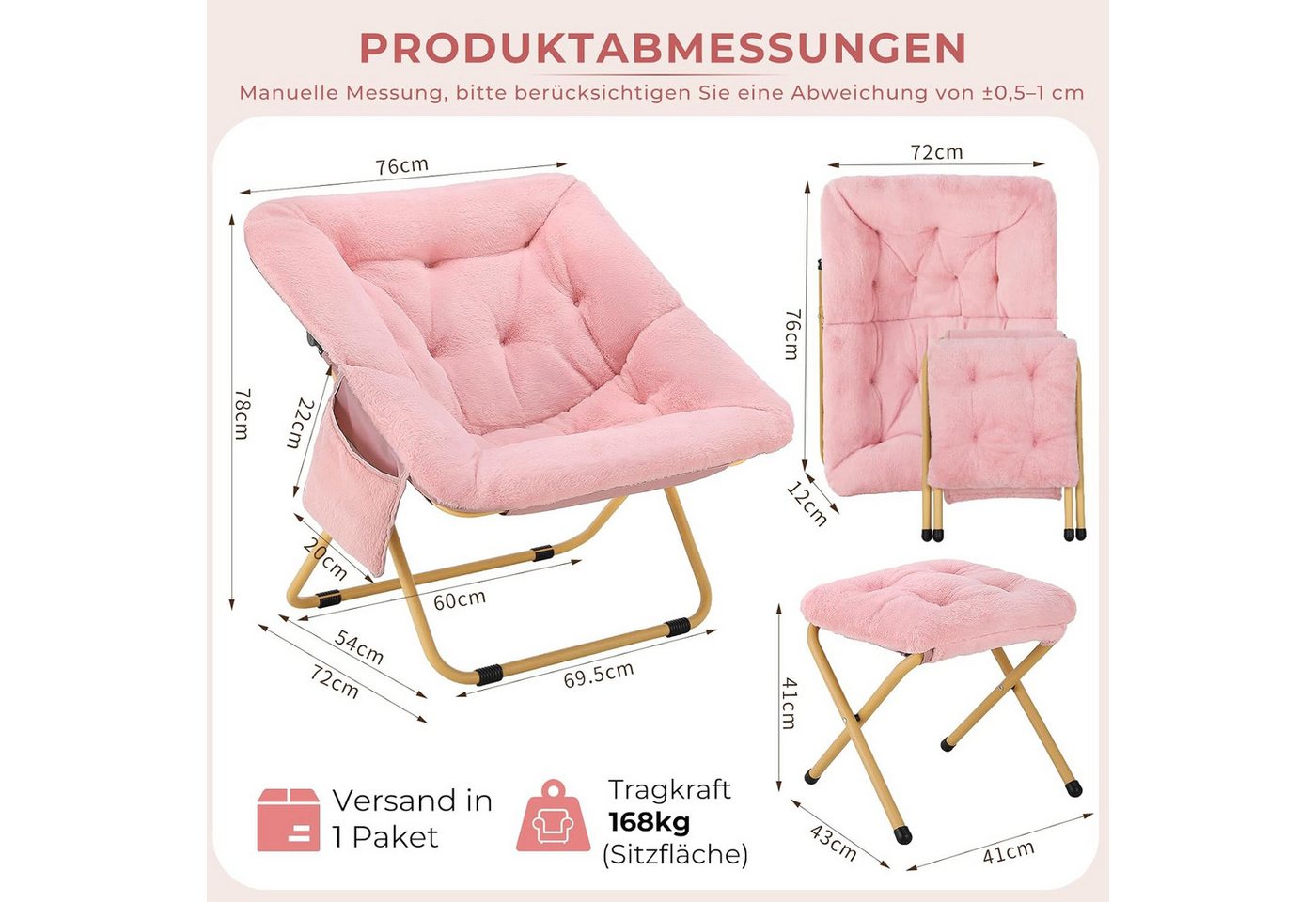 TLGREEN Relaxsessel,klappbarer Lounge-Sessel mit Hocker, (Weicher Kunstfell-Lesesessel, Relaxsessel mit Hocker),Ideal für Wohnzimmer, Schlafzimmer & Spielzimmer – Bild 2 von 5