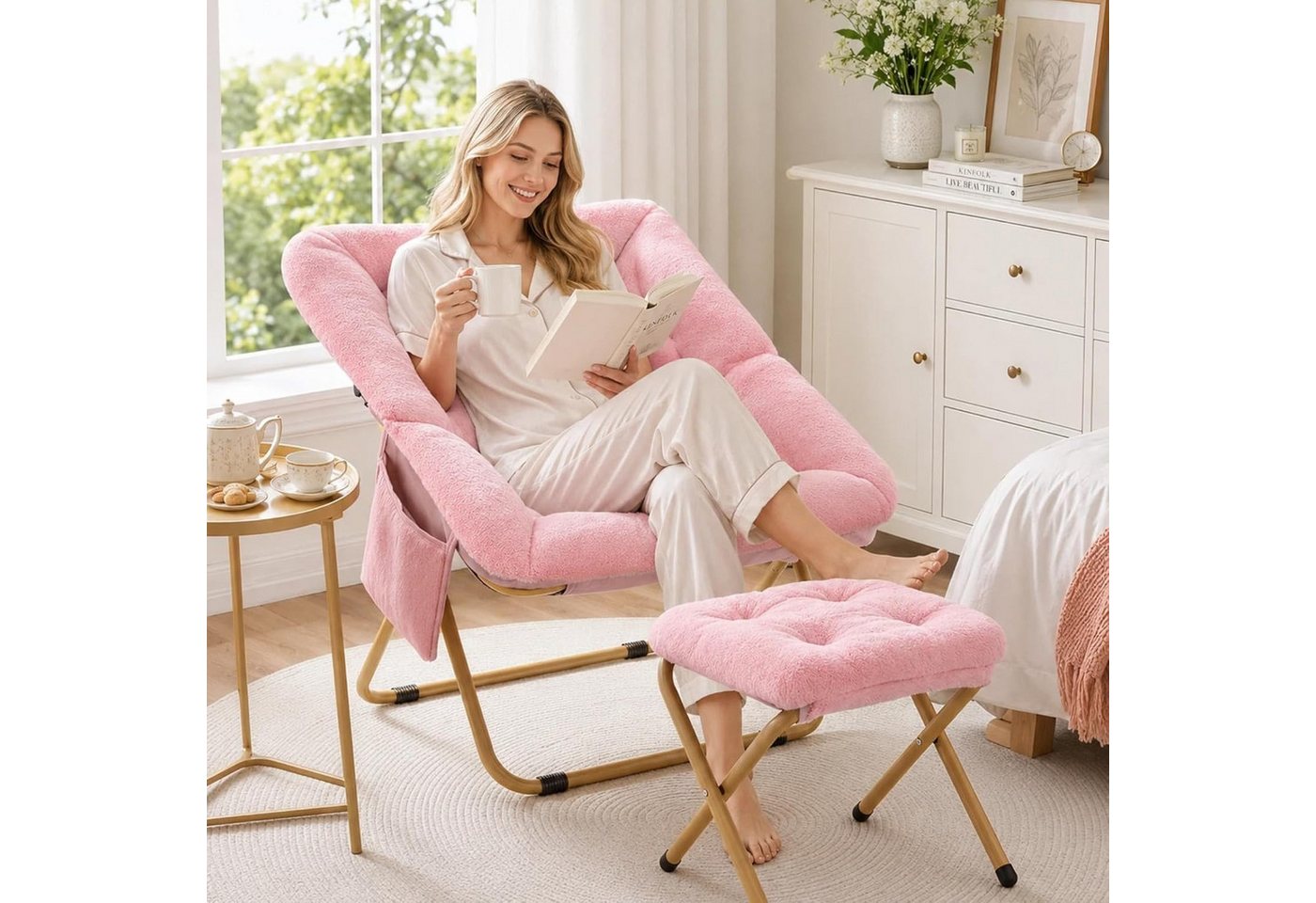 TLGREEN Relaxsessel,klappbarer Lounge-Sessel mit Hocker, (Weicher Kunstfell-Lesesessel, Relaxsessel mit Hocker),Ideal für Wohnzimmer, Schlafzimmer & Spielzimmer – Bild 3 von 5