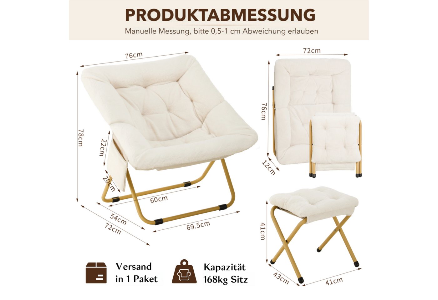 TLGREEN Relaxsessel,klappbarer Lounge-Sessel mit Hocker, (Weicher Kunstfell-Lesesessel, Relaxsessel mit Hocker),Ideal für Wohnzimmer, Schlafzimmer & Spielzimmer – Bild 3 von 5