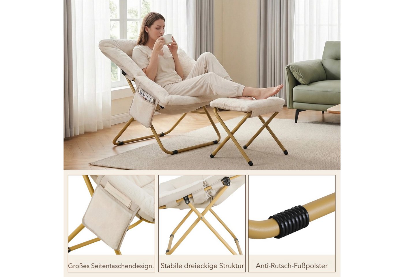 TLGREEN Relaxsessel,klappbarer Lounge-Sessel mit Hocker, (Weicher Kunstfell-Lesesessel, Relaxsessel mit Hocker),Ideal für Wohnzimmer, Schlafzimmer & Spielzimmer – Bild 5 von 5
