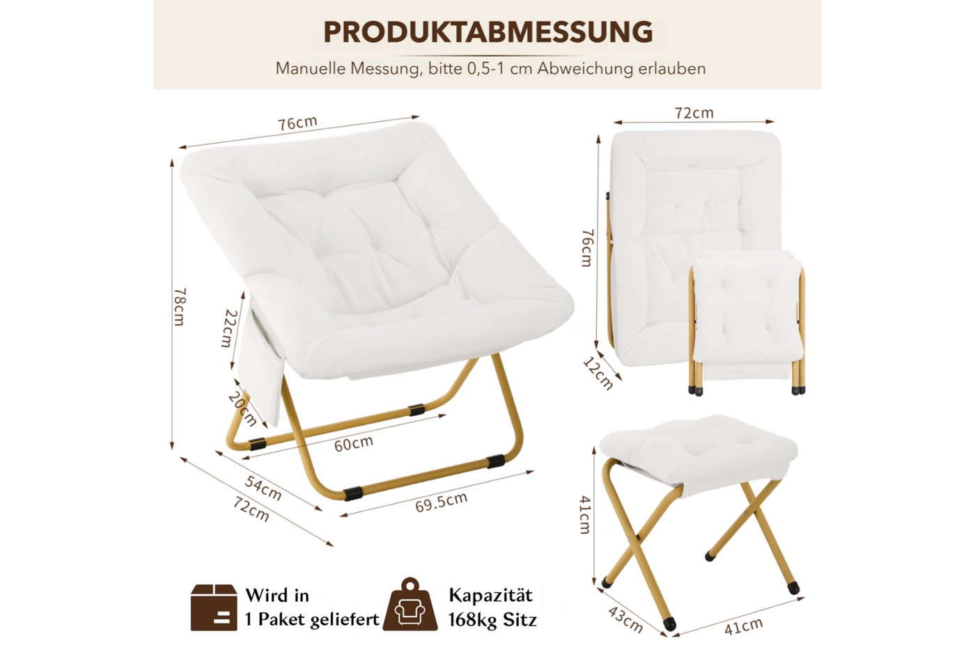 TLGREEN Relaxsessel,klappbarer Lounge-Sessel mit Hocker, (Weicher Kunstfell-Lesesessel, Relaxsessel mit Hocker),Ideal für Wohnzimmer, Schlafzimmer & Spielzimmer – Bild 3 von 5