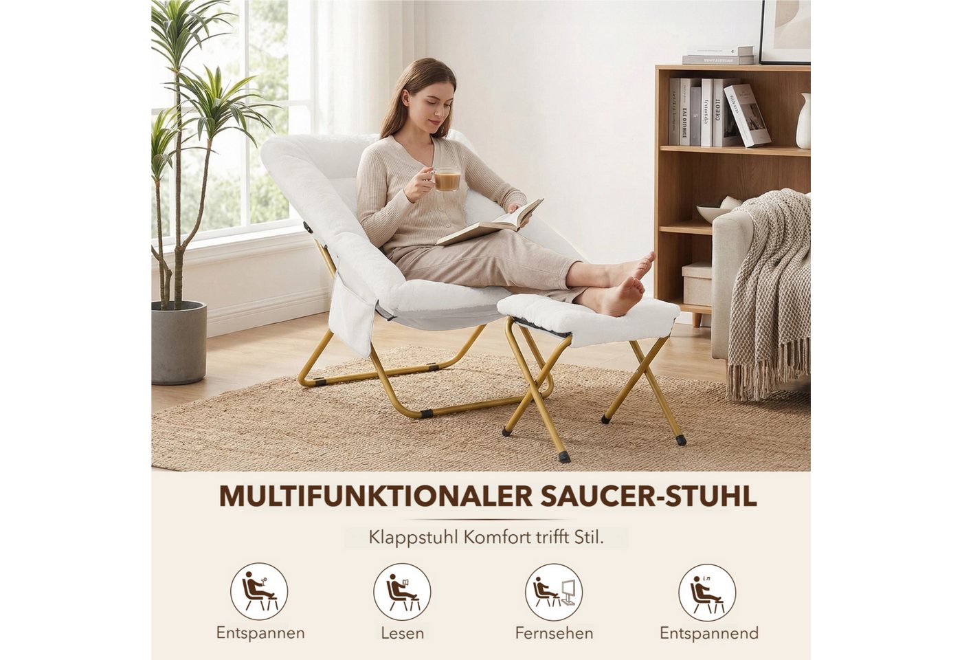 TLGREEN Relaxsessel,klappbarer Lounge-Sessel mit Hocker, (Weicher Kunstfell-Lesesessel, Relaxsessel mit Hocker),Ideal für Wohnzimmer, Schlafzimmer & Spielzimmer – Bild 4 von 5