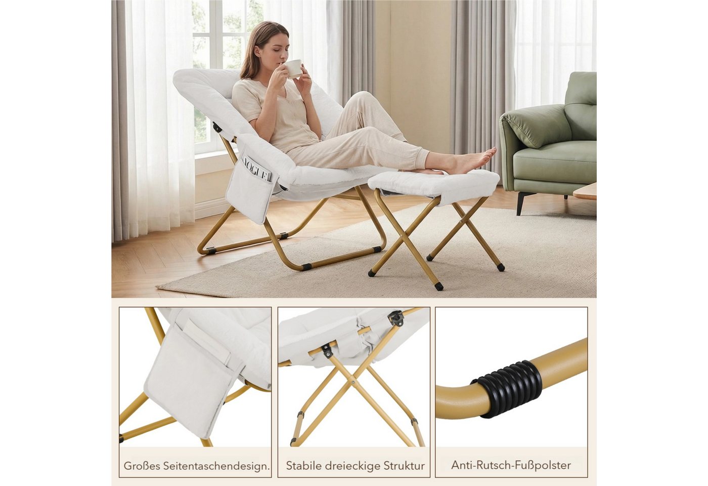 TLGREEN Relaxsessel,klappbarer Lounge-Sessel mit Hocker, (Weicher Kunstfell-Lesesessel, Relaxsessel mit Hocker),Ideal für Wohnzimmer, Schlafzimmer & Spielzimmer – Bild 5 von 5