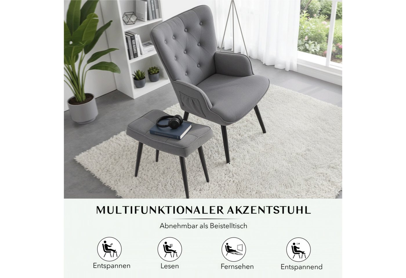 TLGREEN Relaxsessel Ohrensessel mit Hocker, (Chenillestoff,Belastbarkeit 168kg), Sessel-Garnitur mit Hocker für Wohnzimmer – Bild 4 von 5