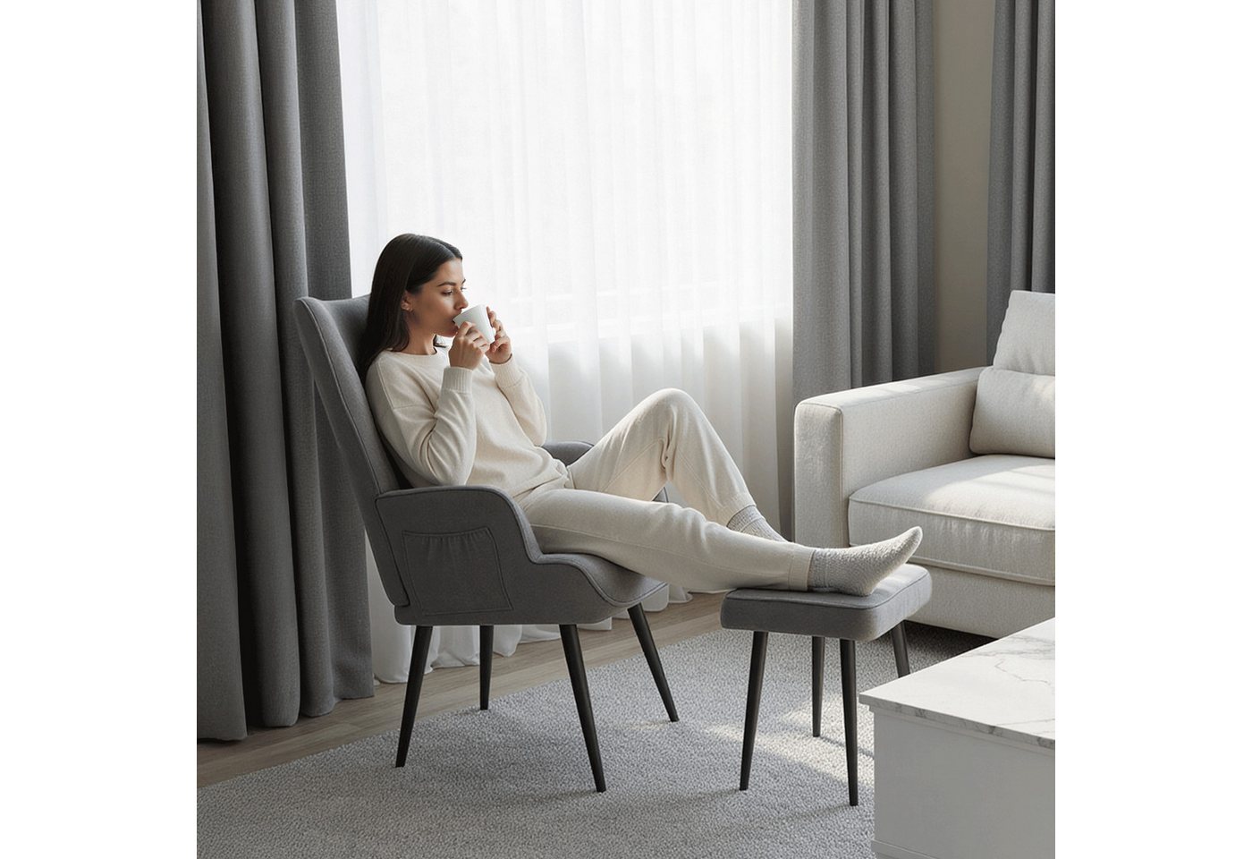 TLGREEN Relaxsessel Ohrensessel mit Hocker, (Chenillestoff,Belastbarkeit 168kg), Sessel-Garnitur mit Hocker für Wohnzimmer – Bild 5 von 5
